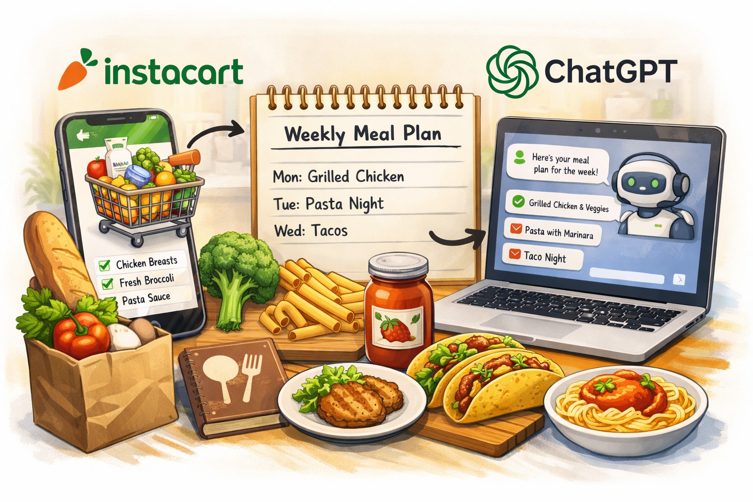 Illustration showing ChatGPT helping plan a weekly meal plan while Instacart builds a grocery cart with nearby store items, emphasizing a calm and organized grocery planning process