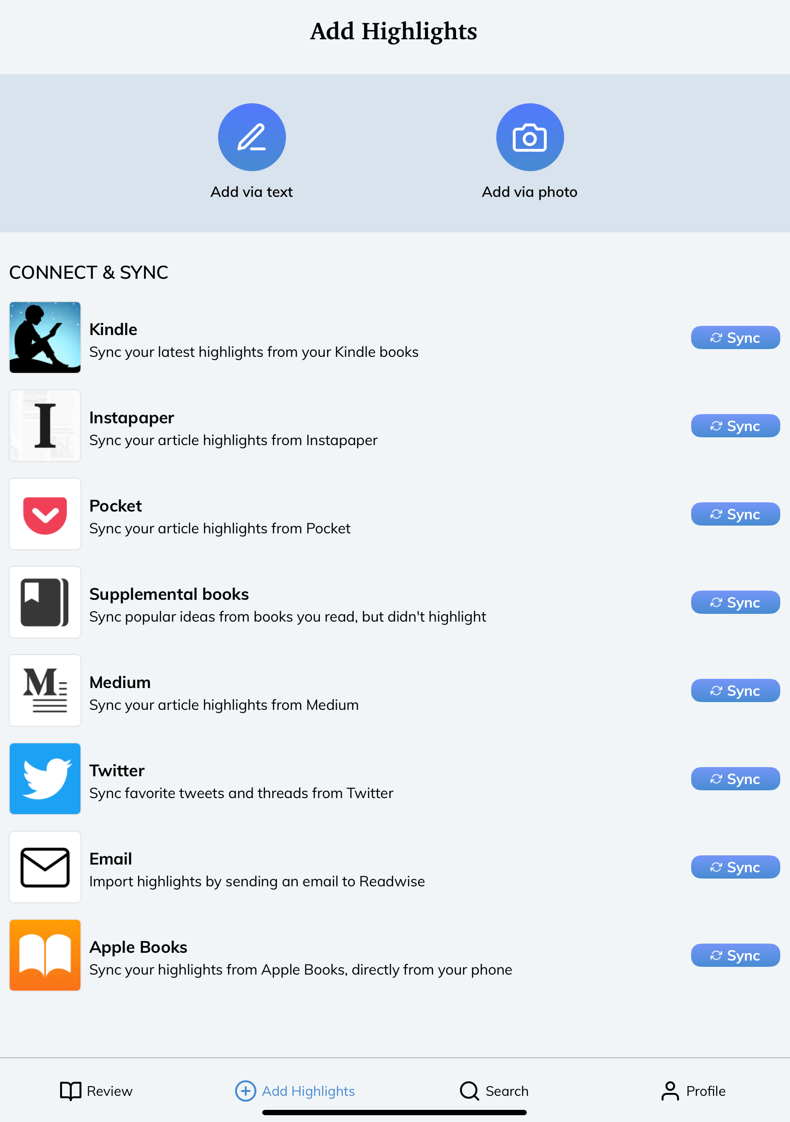 Readwise highlight sources