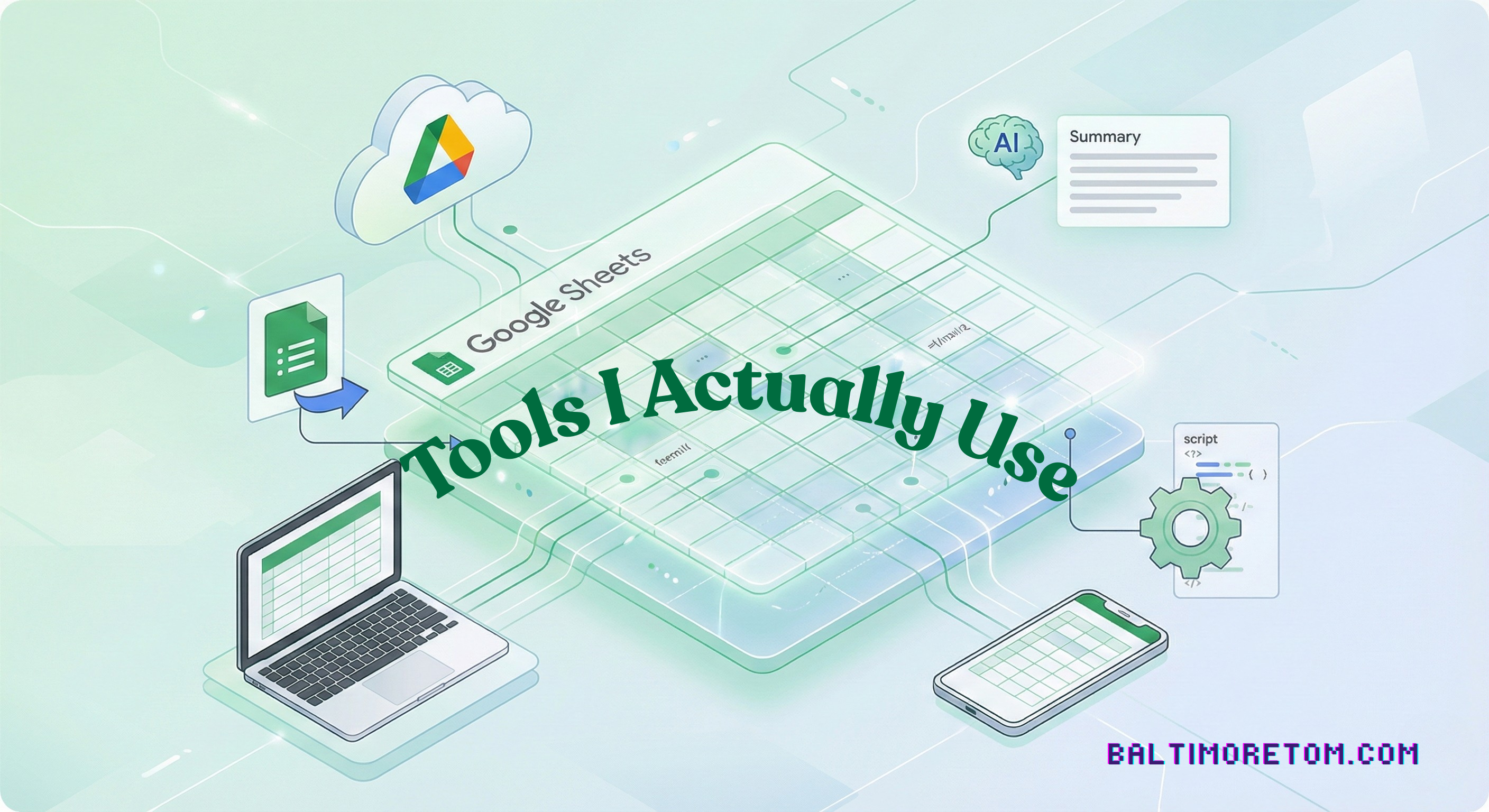 Google Sheets as a central hub connected to cloud storage, AI summarization, scripting, and multiple devices